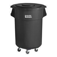 Lavex 55 Gallon Black Round Commercial Trash Can with Lid and Dolly