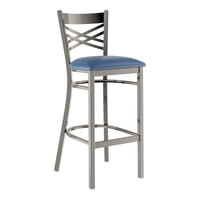 Lancaster Table & Seating Clear Coat Finish Cross Back Bar Stool with 2 1/2" Navy Vinyl Padded Seat - Assembled