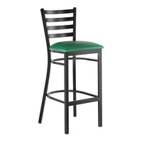 Lancaster Table & Seating Black Finish Ladder Back Bar Stool with 2 1/2" Green Vinyl Padded Seat - Assembled
