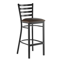 Lancaster Table & Seating Black Finish Ladder Back Bar Stool with 2 1/2" Dark Brown Vinyl Padded Seat - Assembled