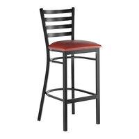 Lancaster Table & Seating Black Finish Ladder Back Bar Stool with 2 1/2" Burgundy Vinyl Padded Seat - Assembled