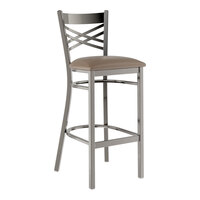 Lancaster Table & Seating Clear Coat Finish Cross Back Bar Stool with 2 1/2" Taupe Vinyl Padded Seat - Assembled