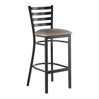 Lancaster Table & Seating Black Finish Ladder Back Bar Stool with 2 1/2" Dark Gray Vinyl Padded Seat - Assembled