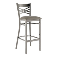 Lancaster Table & Seating Clear Coat Finish Cross Back Bar Stool with 2 1/2" Dark Gray Vinyl Padded Seat - Assembled