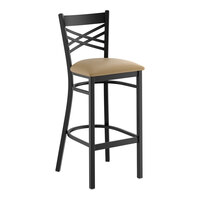 Lancaster Table & Seating Black Finish Cross Back Bar Stool with 2 1/2" Taupe Vinyl Padded Seat - Assembled