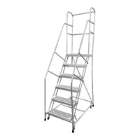 Cotterman Series A 24" x 14" x 90" 6-Step Welded Aluminum Rolling Ladder with Handrails and UnaGrip Serrated Tread A6R2630A3B3C50P6 - 350 lb. Capacity
