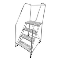 Cotterman Series A 24" x 14" x 70" 4-Step Welded Aluminum Rolling Ladder with Handrails and UnaGrip Serrated Tread A4R2630A3B3C50P6 - 350 lb. Capacity
