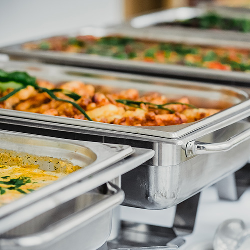 Prepared food in chafing dishes